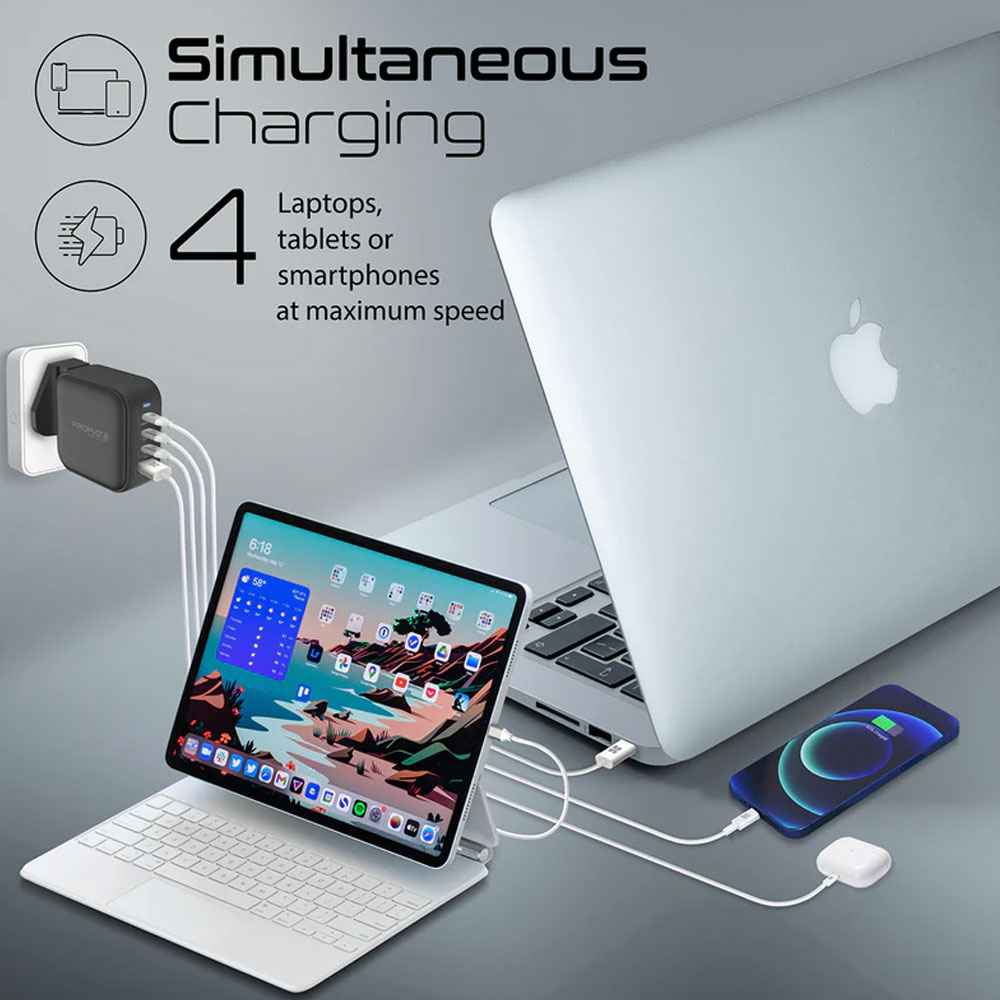 Picture of Promate GaN USB-C� Charger 100W GaN Technology Fast Dual Type-C� Power Delivery Laptop Charger with 20W Power Delivery USB-C� Port 18W QC 3.0 Port and Multi-Regional Plugs for MacBook Pro iPad Pro iPhone 14 GaNPort4-100PD