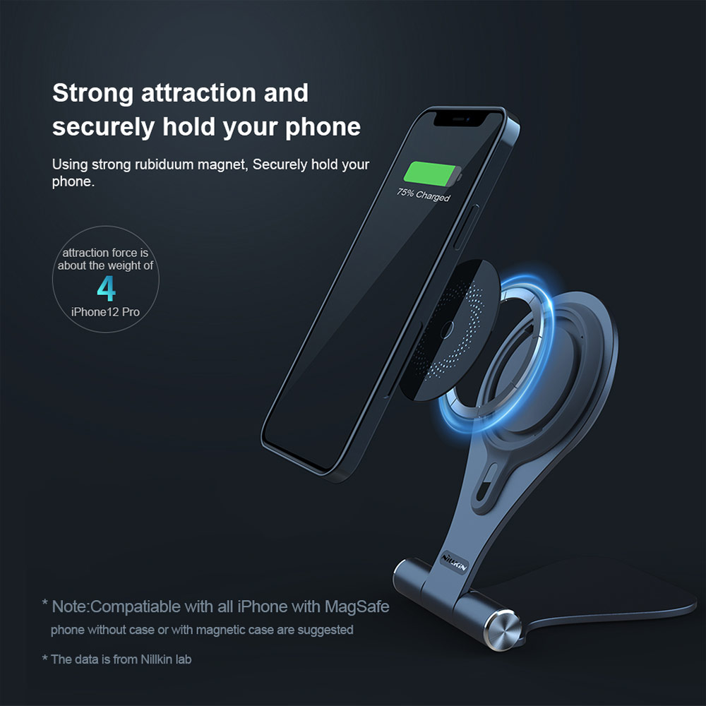 Picture of  Apple iPhone 12 6.1  | Nillkin MagStand Wireless Charging Foldable Stand with Heat Dissipation Cooling for Magsafe Compatible for iPhone 12 iPhone 13 Pro Max (Silver)