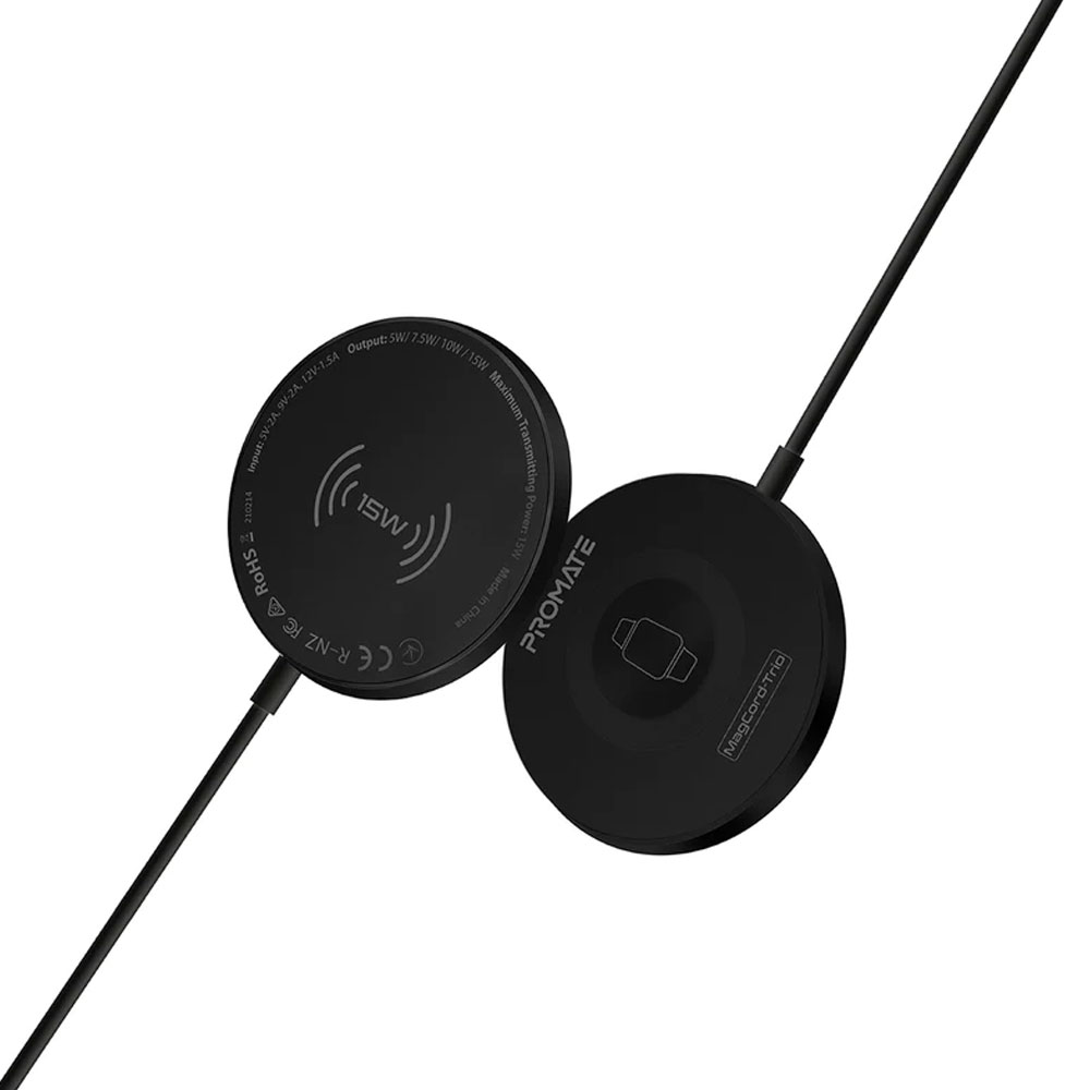 Picture of  Apple Airpods 2 Charger | Promate 3-in-1 Wireless Charger Dual Sided Magnetic Qi Wireless Charging Pad with 15W Mag-Safe Charging for iPhone 13 14 Pro Max  5W Apple Watch AirPods Pro Charger and USB-C� Connector for All Qi-Enabled Devices MagCord-Trio (Black)