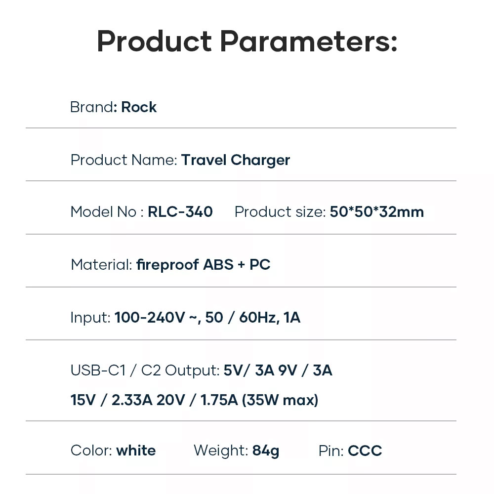 Picture of  Apple iPhone 12 6.1 Charger | Rock Dual Port USB C PD 35W Compact Travel Charger Super Charge for IOS Android Samsung iPhone 13 Pro Max 12 Pro Max 13 Pro Max 14 Pro Max (White UK Plug)